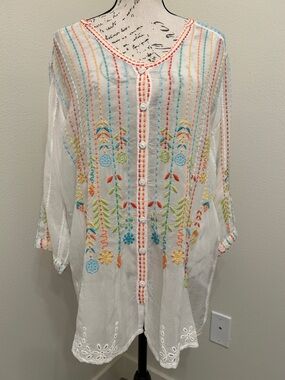 Johnny Was Embroidered White Boho Button-Front Tunic Top